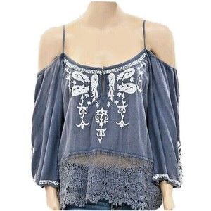 NEW Urban Outfitters Ecote Cold Shoulder 3/4 Sleeve Crochet Lace Blue Top Size S